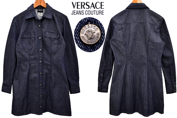 Y-5129★美品★VERSACE JEANS COUTURE ヴェルサーチ ジーンズ クチュール★正規品 イタリア製 デニム ひざ丈 長袖 シャツ ワンピース 28/42