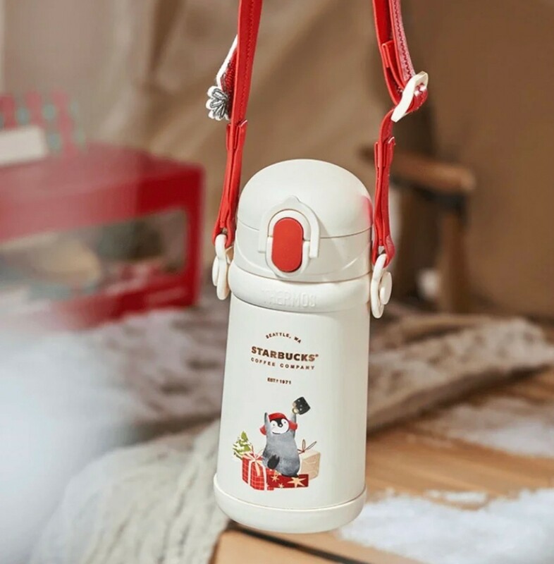 スターバックス　スタバ　海外中国クリスマス ペンキンのストロー付きステンレスボトル　魔法瓶