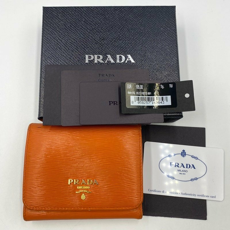 【中古】PRADA 1MH176 コンパクト財布 ＜財布＞プラダ 三つ折り プラダ オレンジ コインケース カードケース 札入れ レディース ウォレット