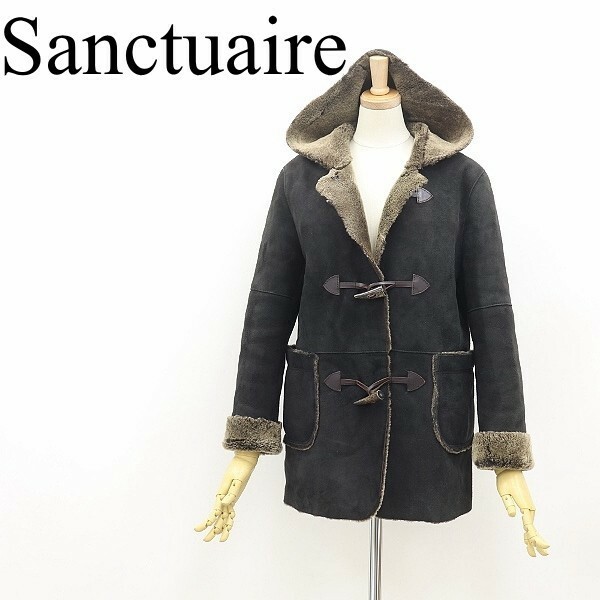 ◆Sanctuaire サンクチュエール ワールド リアルムートン トグルボタン ハーフ ダッフル コート 黒 ブラック 38