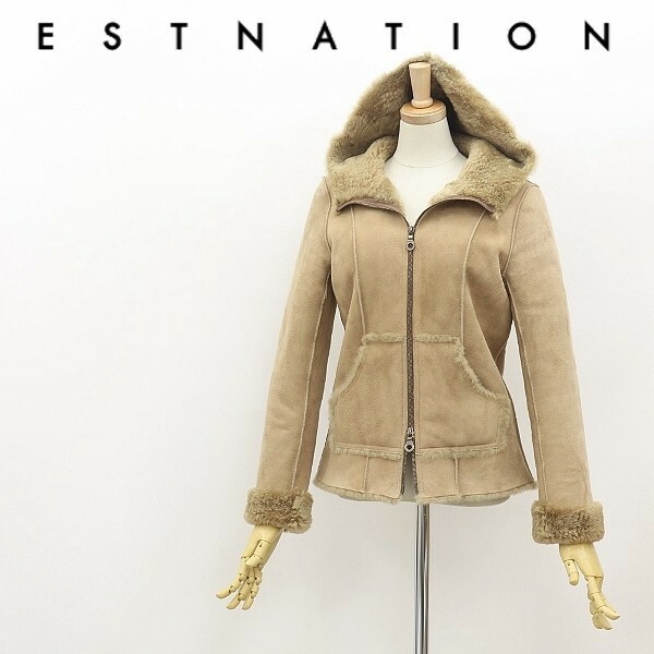 ◆D/ESTNATION エストネーション リアルムートン Wジップ フーデッド ショート コート ジャケット ベージュ