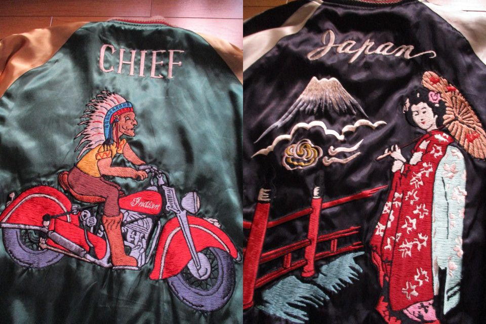 名作　東洋　舞妓　虎　トラ　刺繍　スカジャン　アメリカン　インディアン　バイカー　CHIEF　リバーシブル　JAPAN　souvenir jacket