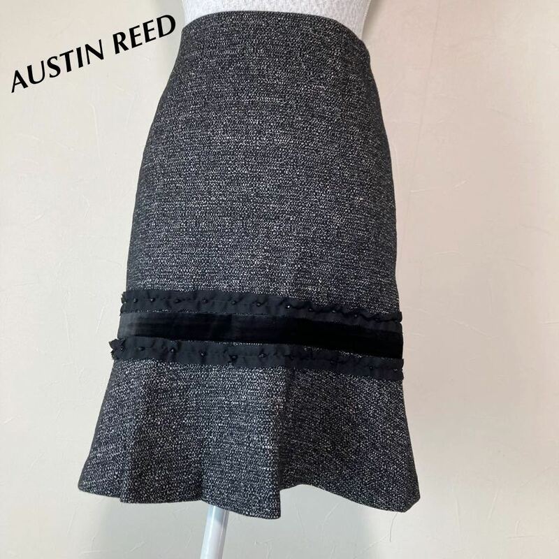 AUSTIN REED シルク 絹 シルク混合 ウール 上質 スカート 黒 オースチンリード ウールスカート スカート ひざ丈 ツイード