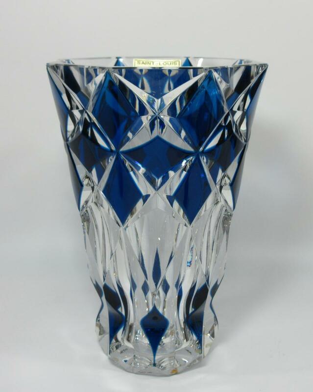■サンルイ SAINT-LOUIS ブルー 色被せガラス クリスタル花瓶 H25cm 切子 花入 ベース (A)74
