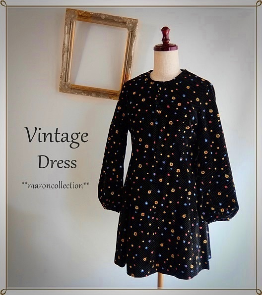 Vintage Dress * ヴィンテージ * ワンピース * 別珍 小花とドット柄 * 60s 70s 昭和レトロ