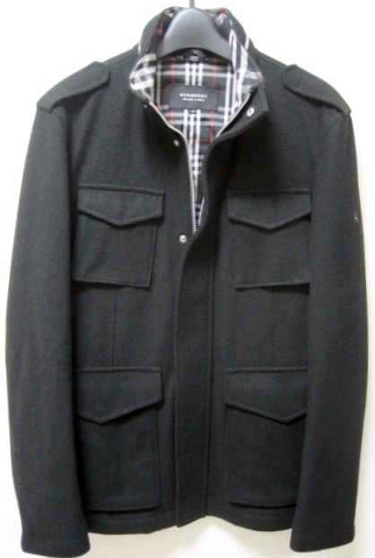 美品BURBERRY BLACK LABEL 羊毛ホースマーク刺繍メルトン M-65ジャケット M レザー 黒ブルゾン2トレンチ コートバーバリーブラックレーベル