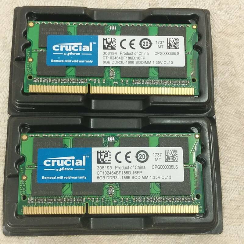 新品未使用 crucial クルーシャル ノートPC用メモリ 16GB(8GB×2) 2Rx8 PC3L-14900s DDR3L-1866 1.35-1.5v CL13 204ピン 送料無料
