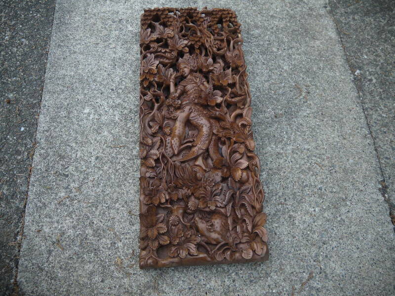 【2D16 O】木彫レリーフ ラクシュミー ヒンズー教神話 壁掛け 精密彫刻 アンティーク/ヴィンテージ