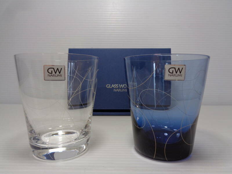 ☆NARUMI　GLASS WORKS　ナルミ　ペア　オールド　ポルカ　クリア＆ブルー　グラス　ペアグラス