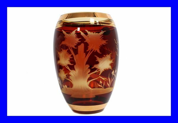 未使用ヴィンテージ BOHEMIA ボヘミアグラス 金彩グラヴィール彫刻 クリスタル ガラス 花瓶 フラワーベース 花器チェコ アンティーク Z3247