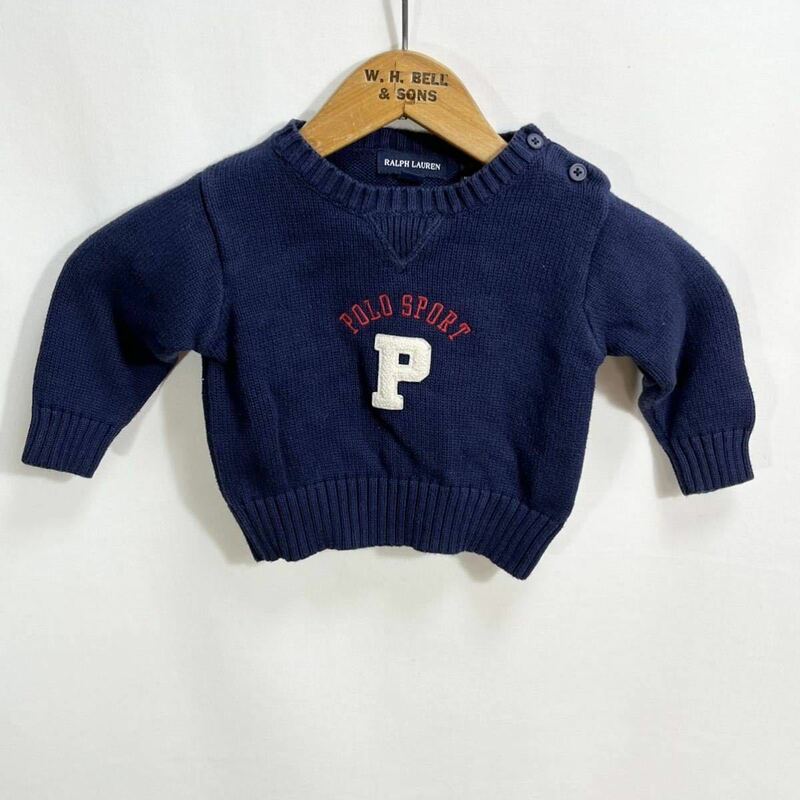 ■ 赤ちゃん用 RALPH LAUREN ラルフローレン 刺繍ロゴ入り コットン ニット セーター 古着 3m/12m 紺 アメカジ POLO SPORT ポロスポ ■