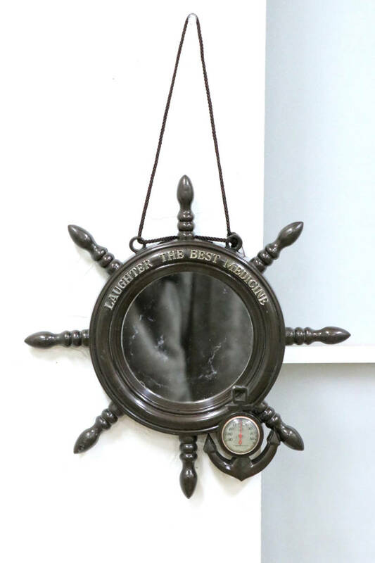 壁掛け鏡　LAUGHTER THE BEST　直径29㎝　船　舵　レトロ　インテリア　装飾　中古品