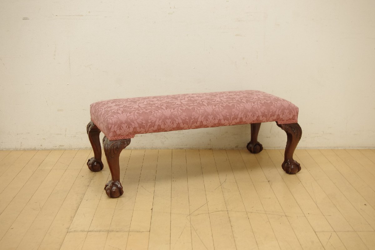 美品 アンティーク ベンチ ロングオットマン ボール＆クロウレッグ ピンク 足置き 長椅子 ヨーロピアン クラシカル ロココ調 猫脚 彫刻