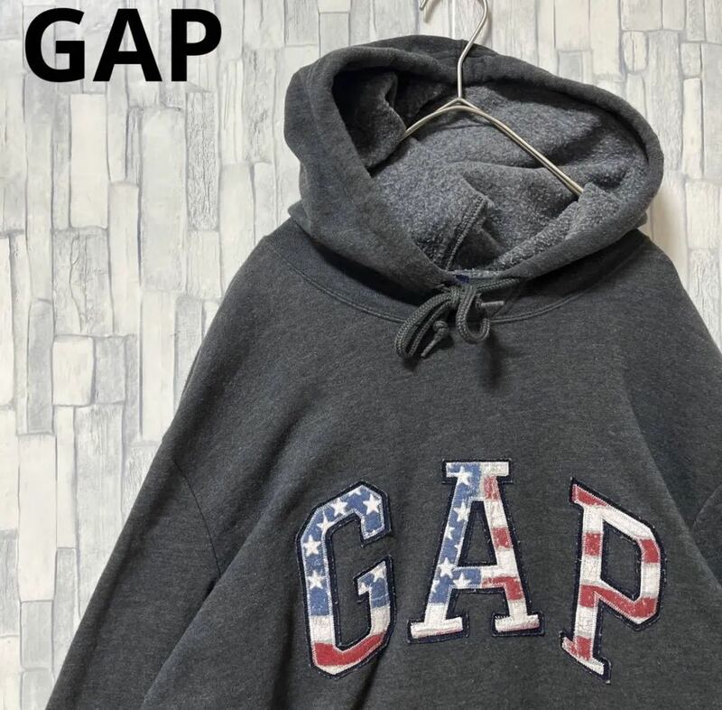 GAP ギャップ パーカー スウェット サイズM デカロゴ ビッグロゴ 刺繍 ワッペン ダークグレー 長袖 プルオーバー 裏起毛 送料無料