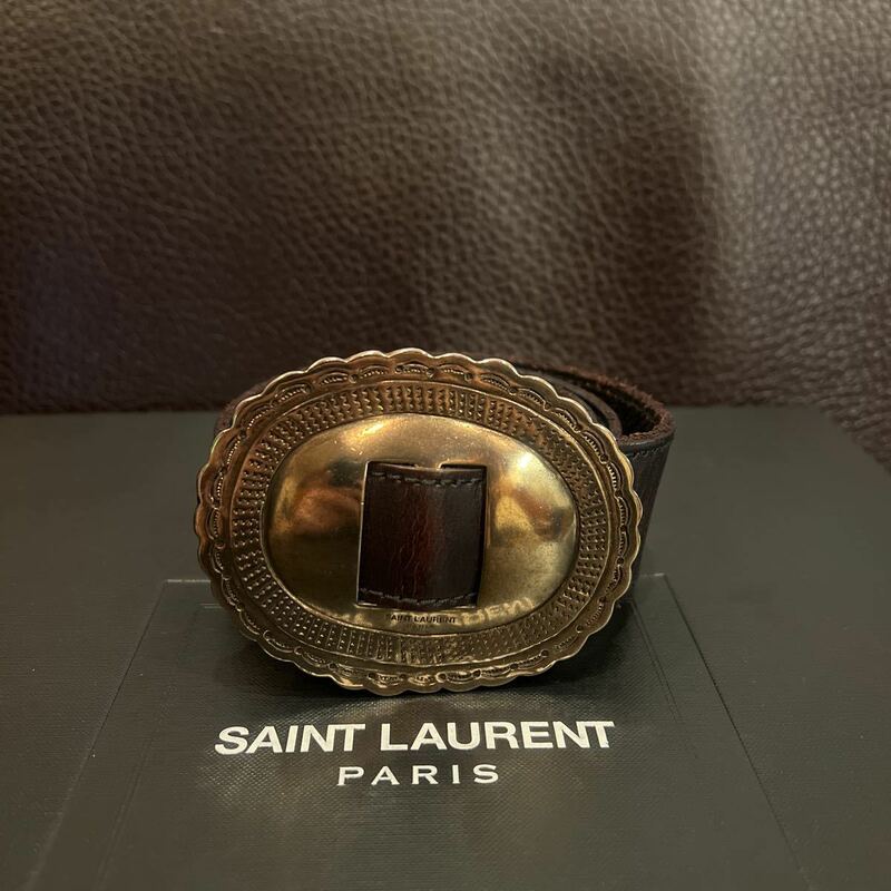 15SS SAINT LAURENT PARIS by Hedi Slimane サンローランパリ　エディスリマン　ボヘミアン　レザーベルト　Size80　ブラウン　イタリア製