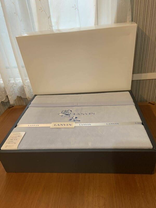 【未使用】LANVIN ニューマイヤー 綿毛布 140×200 シングルサイズ ブルー 綿100%