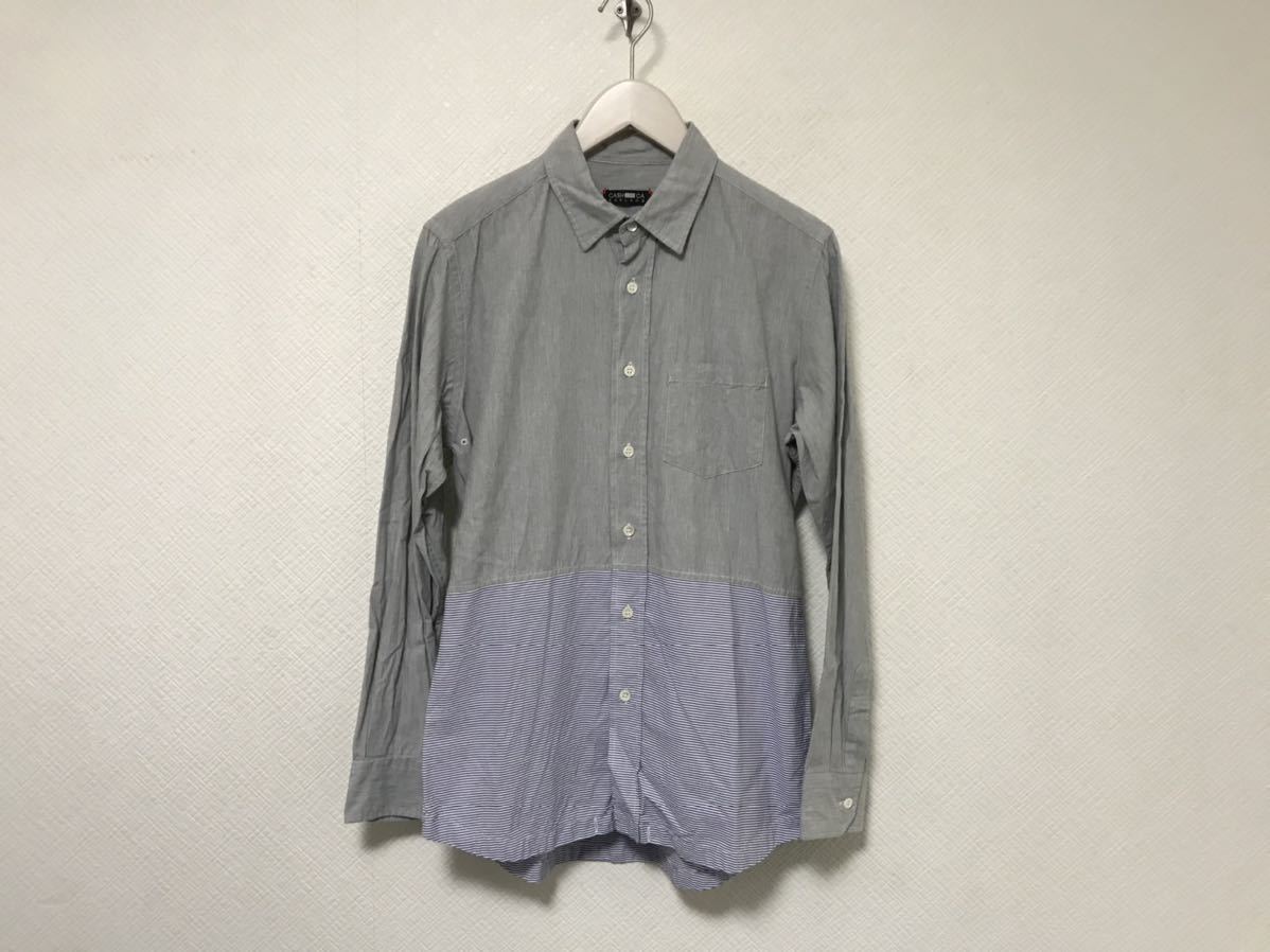本物カシュカCASHCAコットン切り替え長袖シャツジャケットメンズビジネススーツワークミリタリー日本製Mグレー青白ボーダー柄