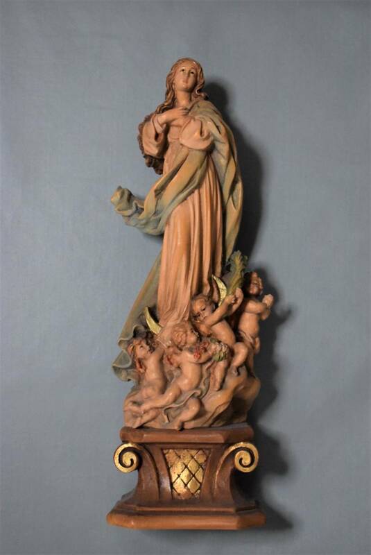 Virgin Mary ＆ angel　Genuine Wood Carving by ANRI Italy アンリ 彫刻 聖母マリア 天使 キリスト 教会 オブジェ イタリア 木彫り