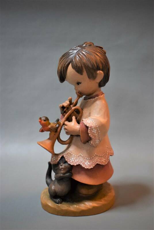 ANRI Ferrandiz アンリ ホアン・フェランディス 木製 木彫り 人形 トランペット ネコ 小鳥 置物 オブジェ 飾り メダル刻印
