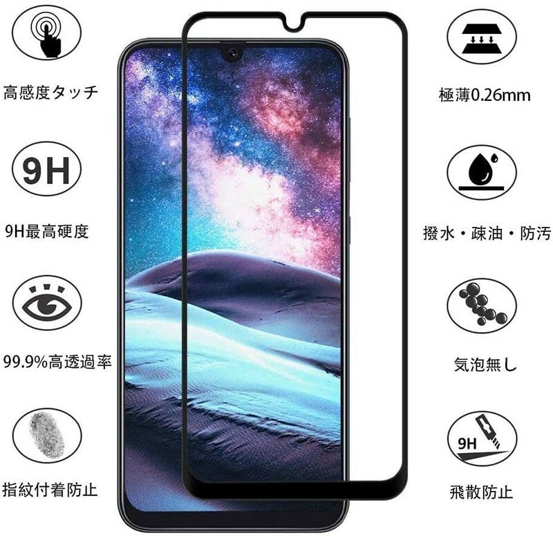 『黒』サムセン Galaxy A21 SC-42A ギャラクシー 強化ガラスフイルム 液晶画面カバー 保護シート 保護フィルム ブラック 黒　国内配送