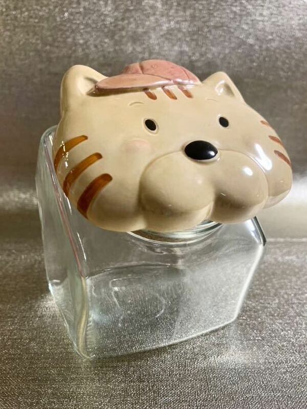 昭和レトロ　猫の蓋付きガラス瓶