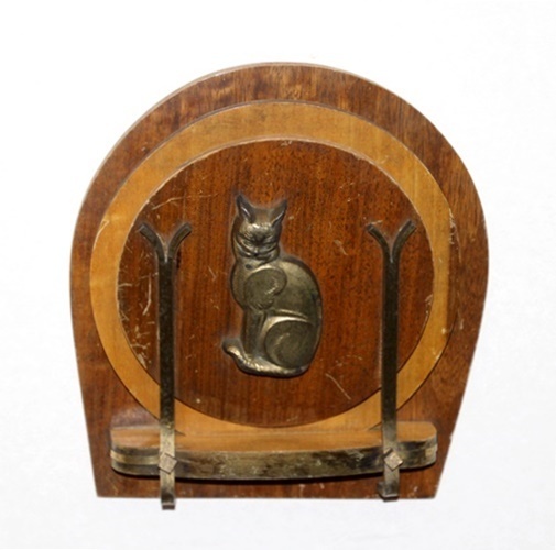 アールデコ　猫デザインのレターラック　壁掛け飾り　木製・金属　外国製　中古品　ヴィンテージ　モダン　レトロ　アンティーク