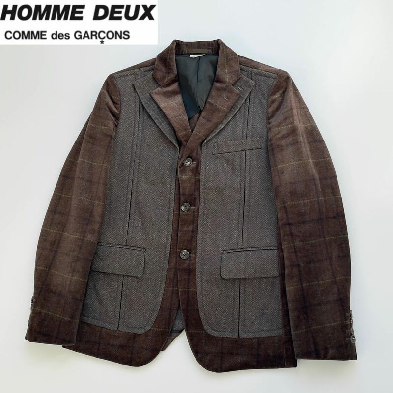 美品 18AW COMME des GARCONS HOMME DEUX コムデギャルソンオムドゥ 転写ベロアドッキングジャケット XS テーラード ブラウン×オリーブ