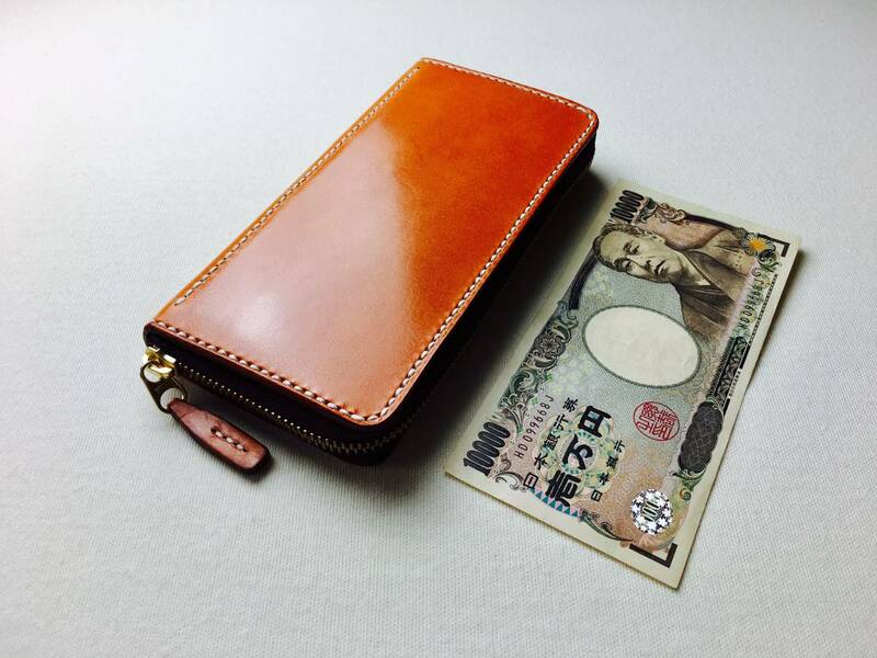 【手縫】コンパクトラウンドジップキャメル色本革長財布※一万円札を折らずに入る最小長財布を制作しました。