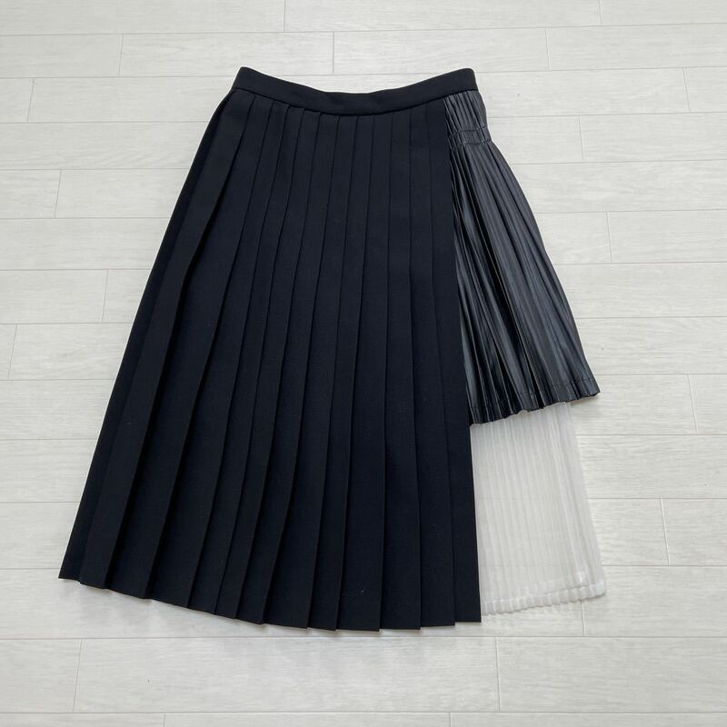 LE CIEL BLEU ルシェルブルー プリーツスカート 異素材 ウール フェイクレザー レース ブラック黒 日本製 サイズ38 美品