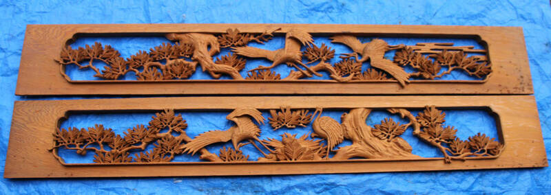 松　鶴　欄間　2枚セット　木工彫刻　木彫り　らんま　日本家屋　和室　縁起物