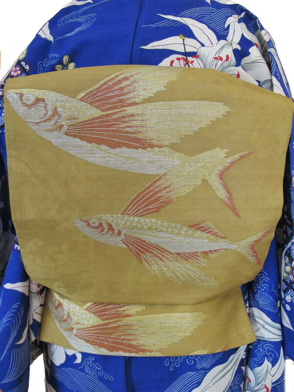 トビウオの紗アンティーク名古屋帯　夏帯　金銀織り　荒波地紋　飛魚