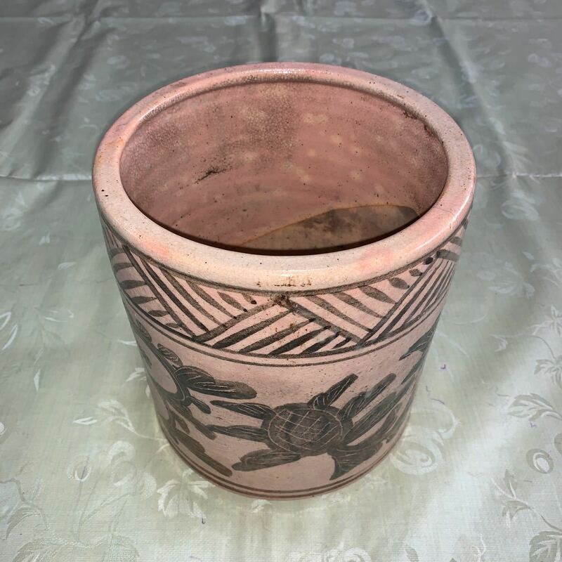 陶器 火鉢 アンティーク 昭和レトロ 骨董品 うすピンク黒すみ 線柄 灰無し
