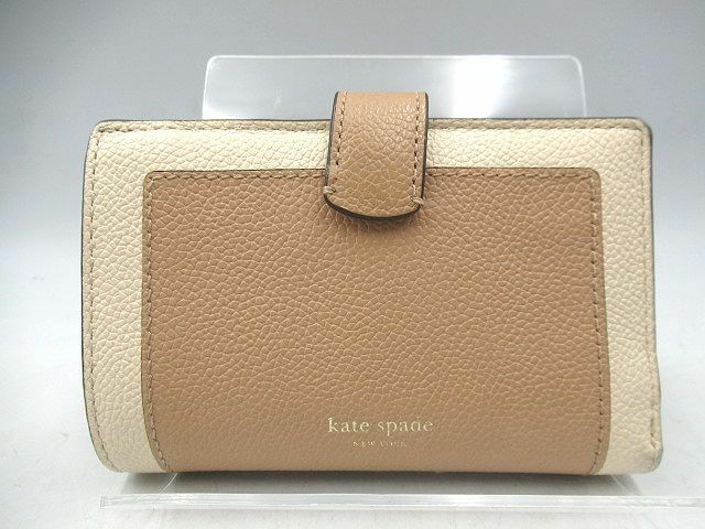 ☆kate spade ケイトスペード 二つ折り 財布 折りたたみ財布 ベージュ系 バイカラー L字ファスナー 中古 レディース ウォレット☆