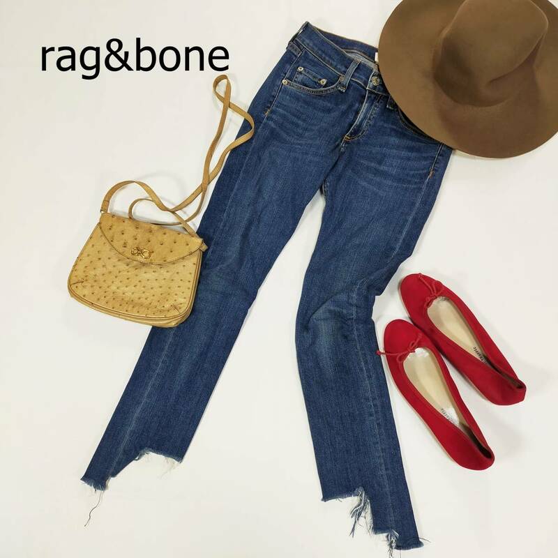 ラグ＆ボーン rag&bone デニム サイズ24 3XS ブルー USA製 ロング丈 カットオフ デザインデニム 細身 タイト ポケット ジーンズ 2016