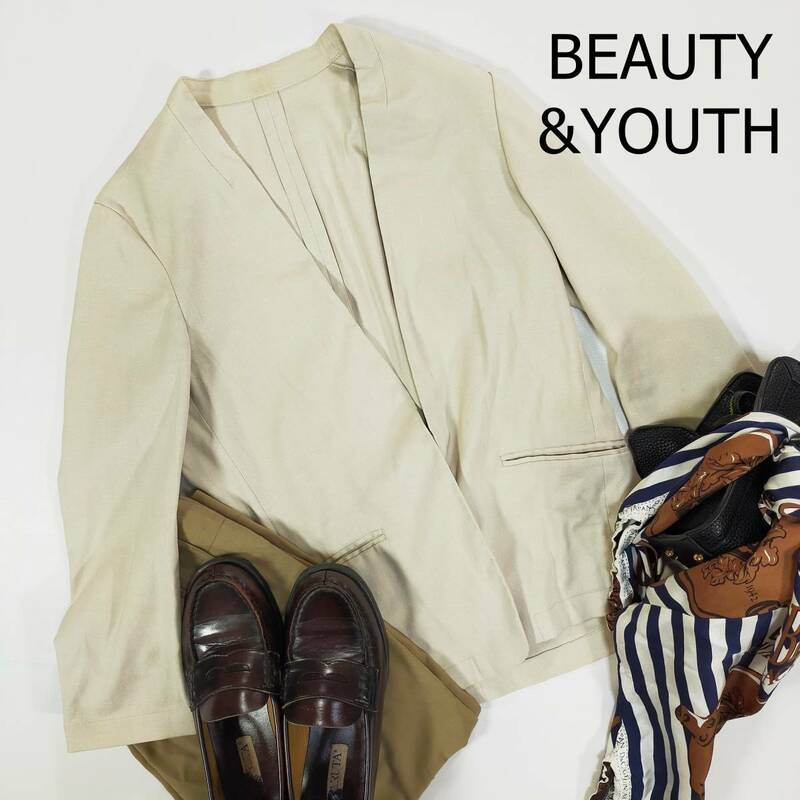 BEAUTY＆YOUTH ビューティ＆ユース ノーカラージャケット サイズS ベージュ シンプル オフィスカジュアル 麻混 ミディ丈 長袖 2006