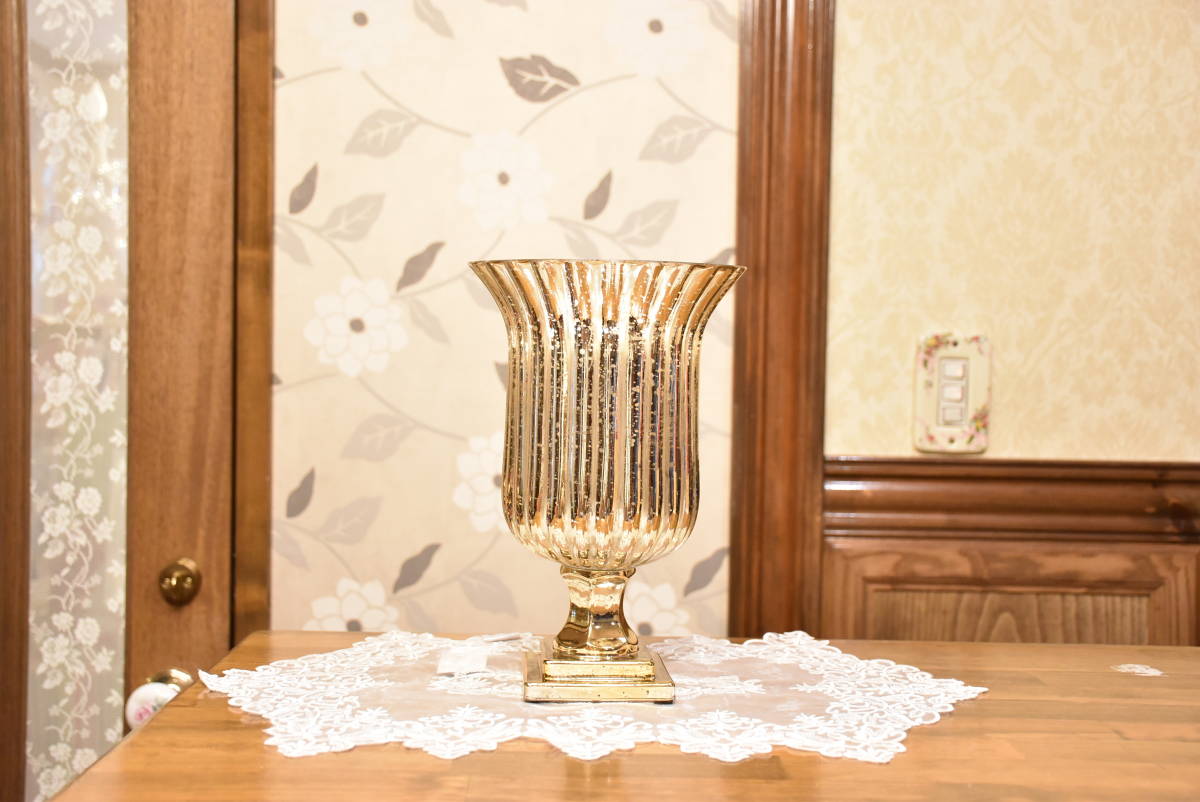 PAY5・E-SU2*ガラス*ベース*17×25.5*ゴールド*花瓶*フラワーベース*花*口直径17*エレガント*おしゃれ*華やか*ゴージャス*アンティーク風