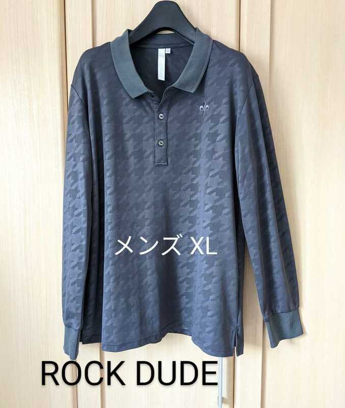 ROCK DUDE メンズ04 ロックデュード ゴルフ 長袖 ポロシャツ ブランドロゴマーク刺繍 XL相当 グレー千鳥格子総柄 正規品