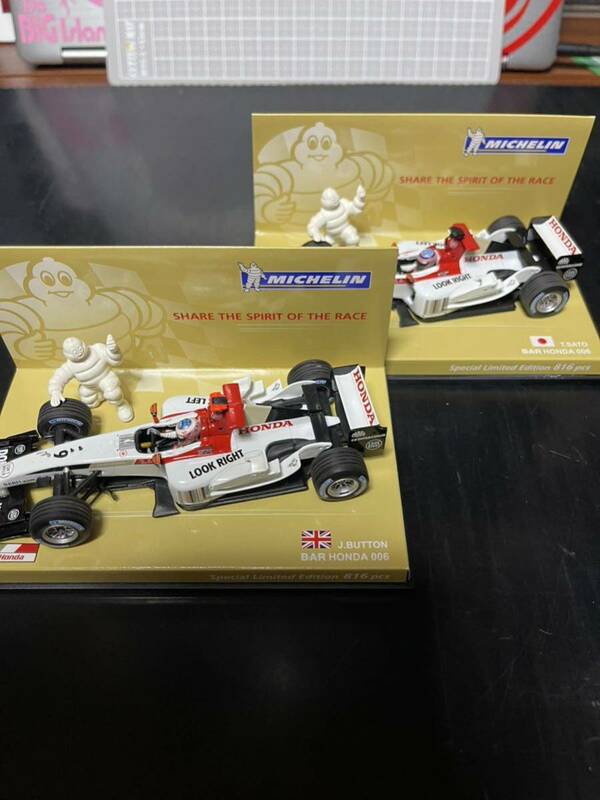 2台セット Michelin BAR Honda 006 Button+Sato 1/43 Minichamps PMA ミシュラン ホンダ バトン 佐藤琢磨