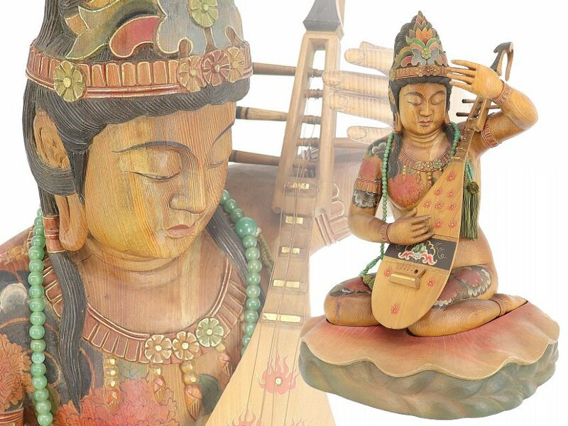 【蔵】仏教美術 木彫 弁財天 刺青 高さ約46㌢ 細密彫刻 木造弁財天 木雕 仏像 佛像 B058