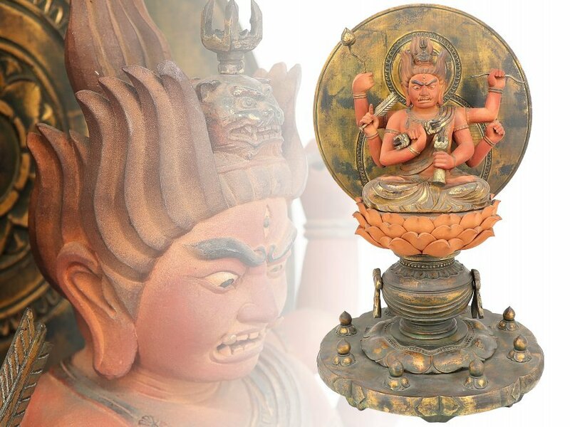 【蔵】仏教美術 木彫 愛染明王 高さ約71㌢ 細密彫刻 木造愛染明王 木雕 仏像 佛像 B059