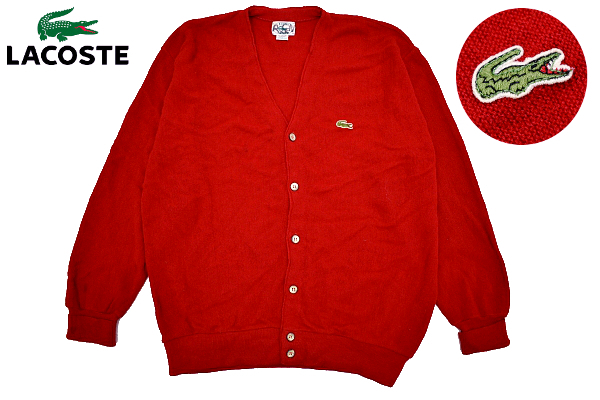 Y-5292★IZOD LACOSTE アイゾット ラコステ★80s 90s アメリカ USA製 ヴィンテージ 赤色 ワニ刺繍 ニット カーディガン セーター Ｌ