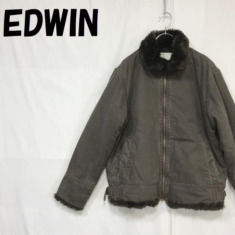 【人気】EDWIN/エドウィン ブルゾン ジップアップジャケット フェイクファー ライダースジャケット ブラウン系 カーキ サイズM/S4609