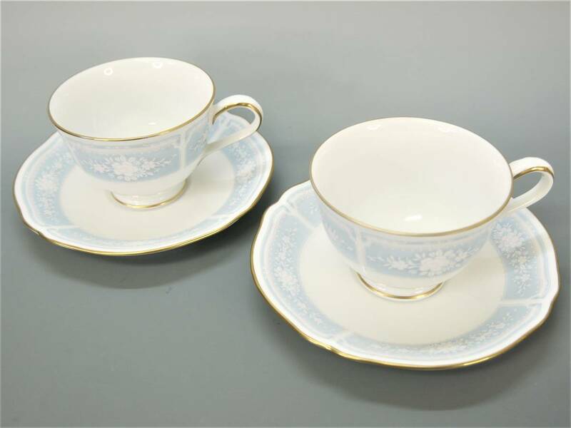 851 Noritake Japan ノリタケ レースウッドゴールド ティー コーヒー カップ&ソーサー ペア 2客 金彩 ブルー/ホワイト