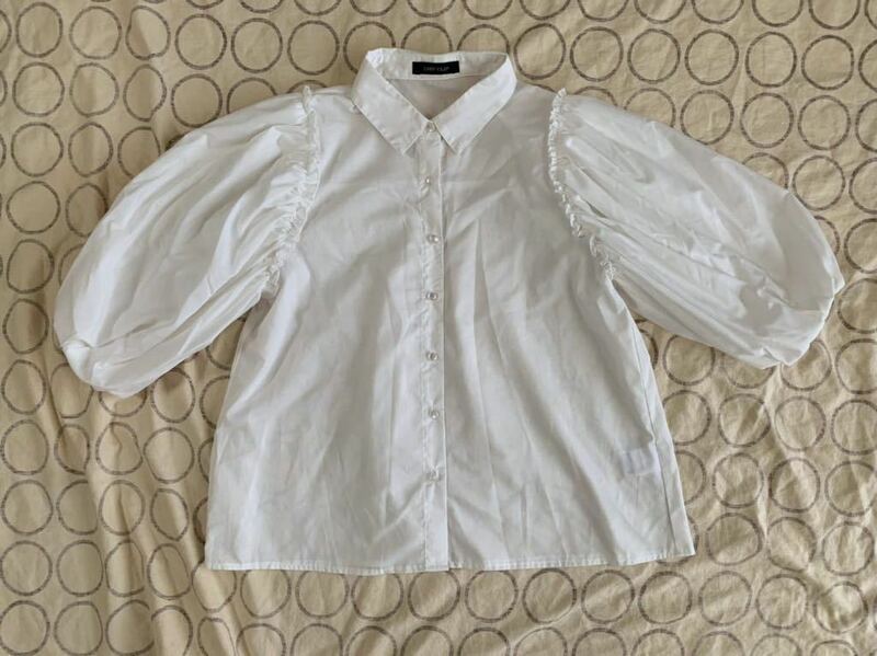 ボリューム袖がかわいい薄手レディース七分袖ブラウスM ホワイト シャツ