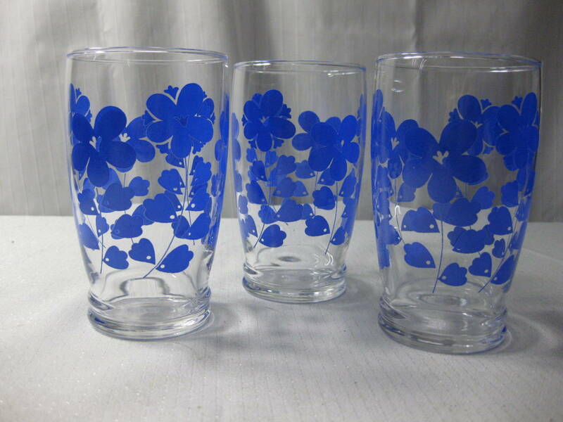 昭和レトロ グラス コップ ブルー 花柄 3ヶ セット