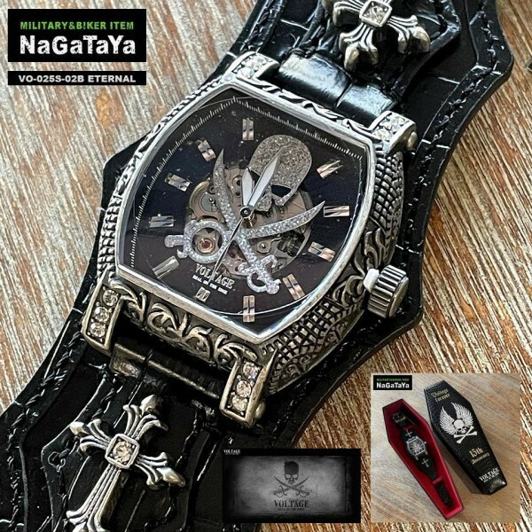 VOLTAGE15周年記念モデル 腕時計 100本限定 自動巻き ETERNAL エターナル スワロフスキー 本革 VO-025S-02B スカルボーン 超レア