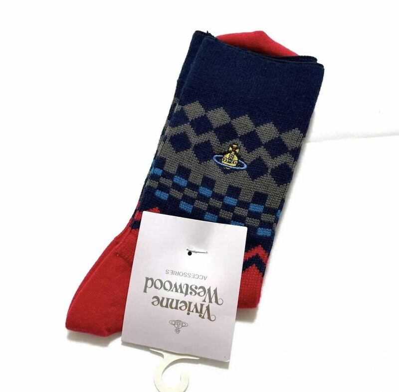 b8 新品【 Vivienne Westwood ヴィヴィアン ウエストウッド 】 日本製 レディース ブランド 靴下 ソックス ネイビー レッド オーブ 刺繍