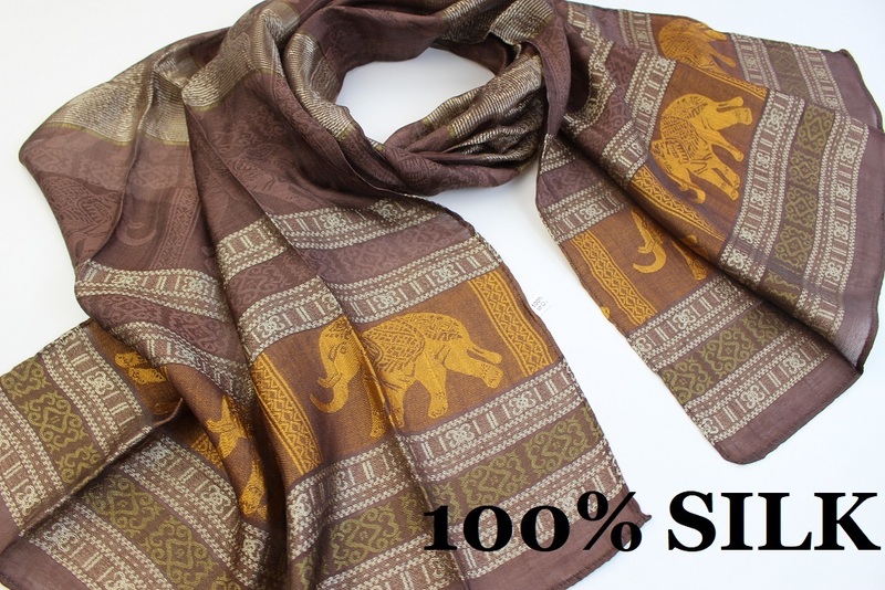 新品【SILK シルク100%】象 エレファント 幾何学柄 薄手 スカーフ/ストール ダークブラウン系 ゴールド ホワイト