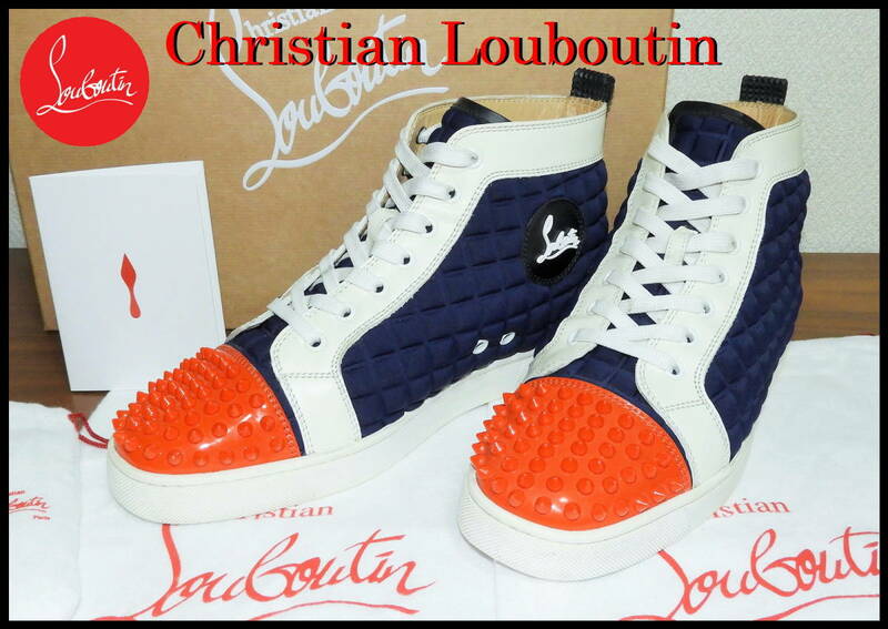 即完売 Christian Louboutin クリスチャンルブタン キルティング スパイク スニーカー メンズ 41 紺色 ハイカット 白 赤 付属品有り