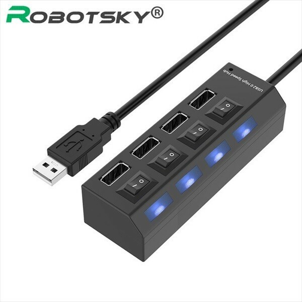 【新品】USBハブ 4ポート USB2.0 各スイッチ,LED付き（四角）（黒）　